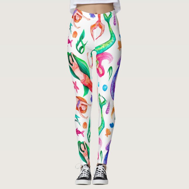 Leggings Acuarela de Sirenas: Patrón Oceánico sin Marea (Anverso)