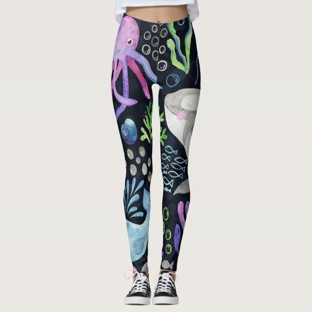 Leggings Acuarela de vida marina, fondo oscuro. (Anverso)