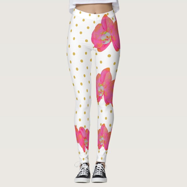 Leggings acuarela divertida de orquídea rosa, polka doradoD (Anverso)