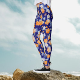 Leggings Acuarela Floral Azul Femenino Moderno Y Naranja