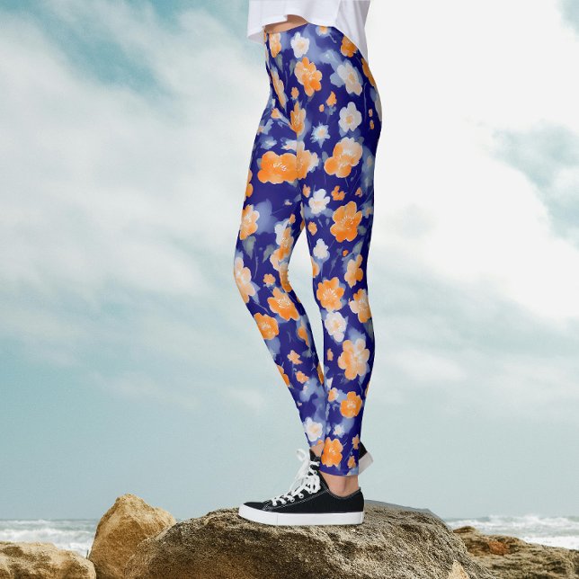 Leggings Acuarela Floral Azul Femenino Moderno Y Naranja (Subido por el creador)