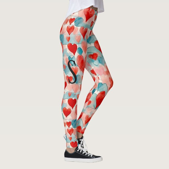 Leggings Acuarela, rojo, rosa, corazones azules, monograma (Subido por el creador)