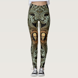 Leggings Adorno Verde Sage Gótico Con Calavera