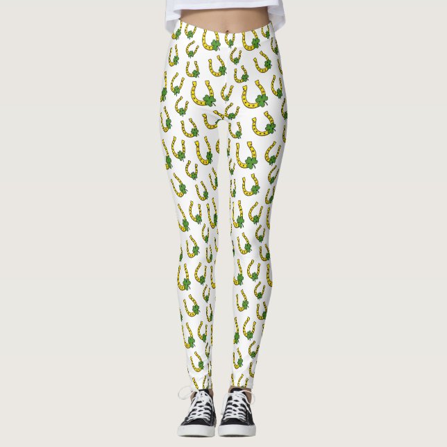 Leggings Afortunada Herradura Dorada con Shamrock on White (Anverso)