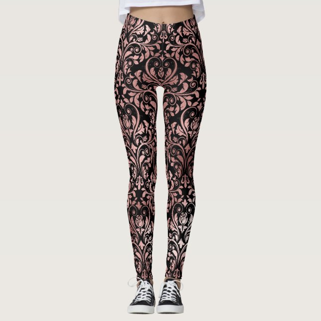 Leggings Agradable rosa Rosa Gold Damask Negro (Anverso)