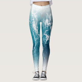 Leggings Agua de mar blanca y azul ondulada oscura
