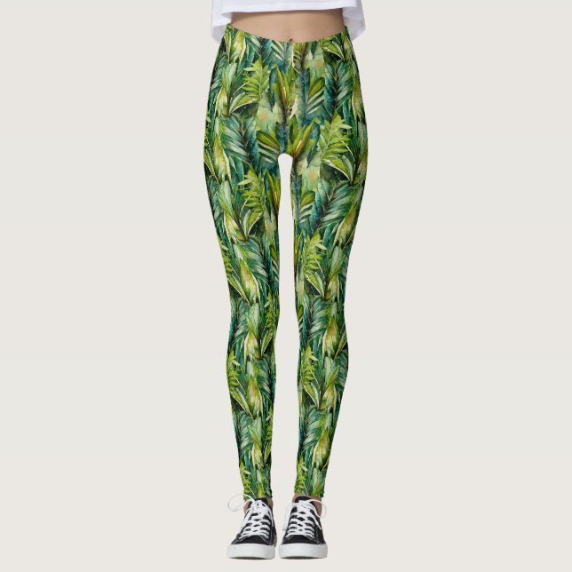 Leggings Agua verde y Verde azulada de hojas tropicales de  (Anverso)