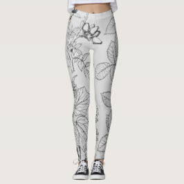 Leggings Aguafuertes blancos y negros preciosas de hojas y