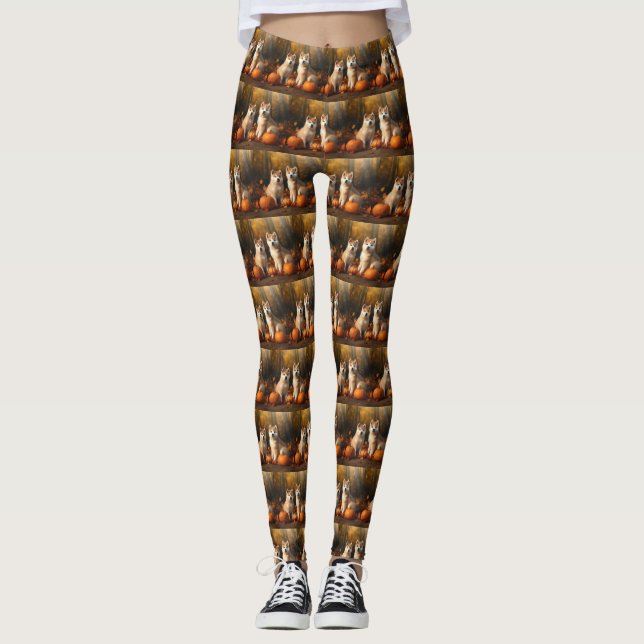 Leggings Akita Puppy Calabaza deslumbrante de otoño (Anverso)