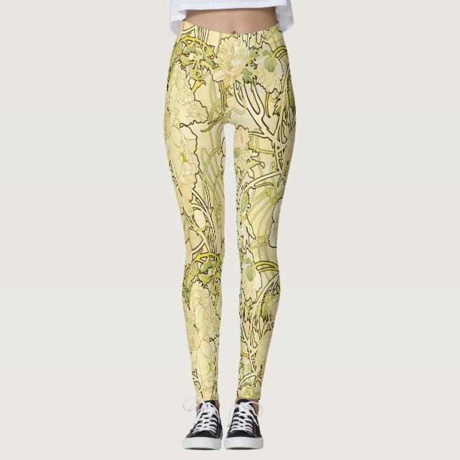 Leggings Alfonse Mucha Art Nouveau Peonies Botanical Art (Anverso)