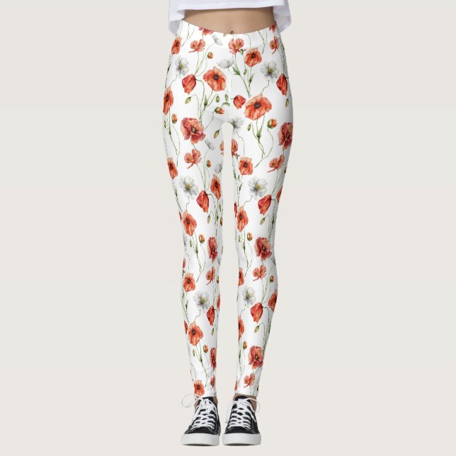 Leggings Amapolas de pradera y flores silvestres blancas en (Anverso)