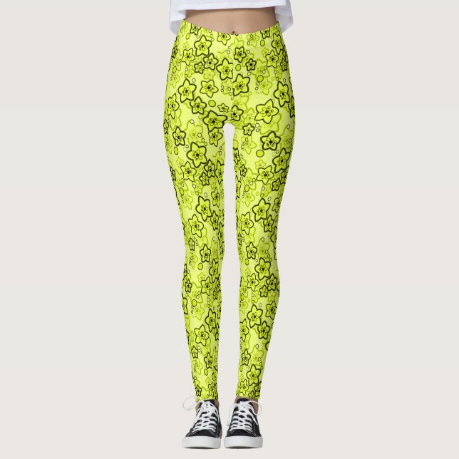 Leggings Amarillo con patrón floral de neón brillante negro (Anverso)