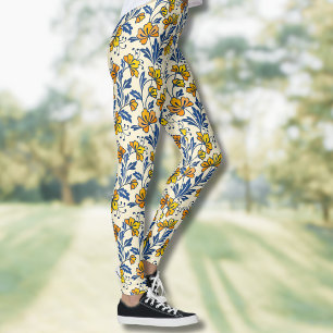 Leggings Amarillo Naranja Floral Folclórico Azul Hoja Vinta