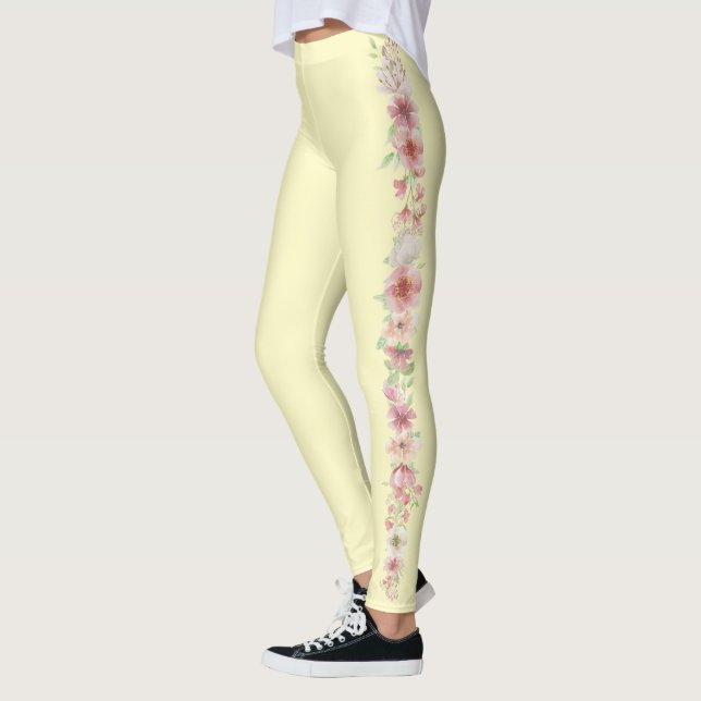 Leggings Amarillo pálido con franja floral a los lados (Izquierda)