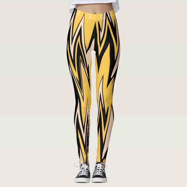 Leggings Amarillo retro, negro zigzap Resumen Art Deco (Anverso)