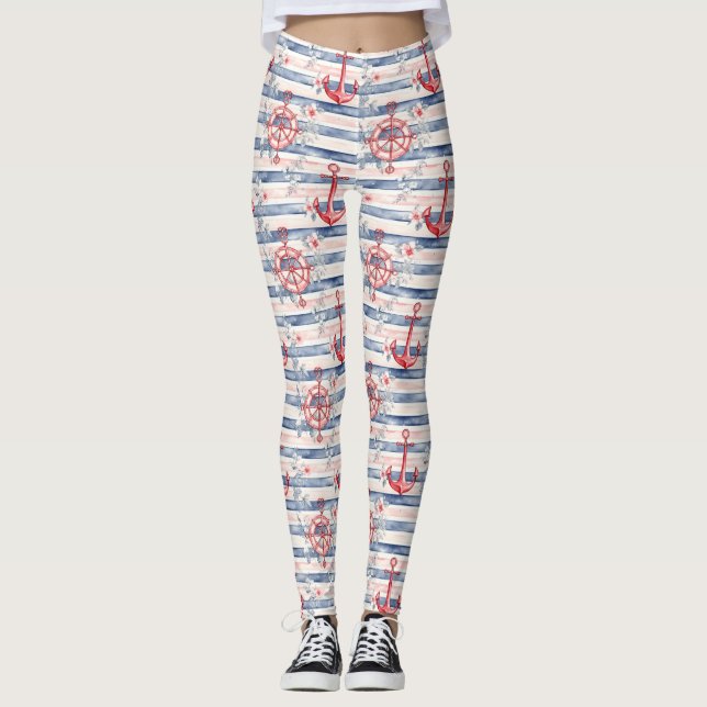 Leggings Anclas Florales Rayas Azul Rojo Playa  (Anverso)