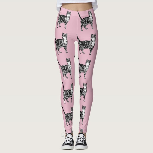 Leggings Animal de gato de Tabby Negro y Piernas rosadas (Anverso)