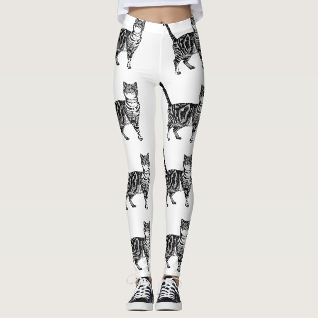 Leggings Animales de gato de Tabby Leguas blancas y negras (Anverso)