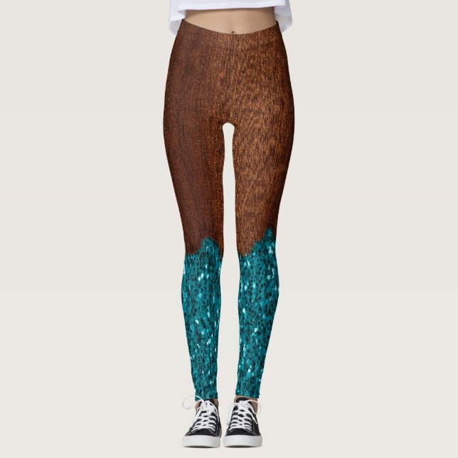 Leggings Aqua azul chispas purpurina madera marrón rústica (Anverso)