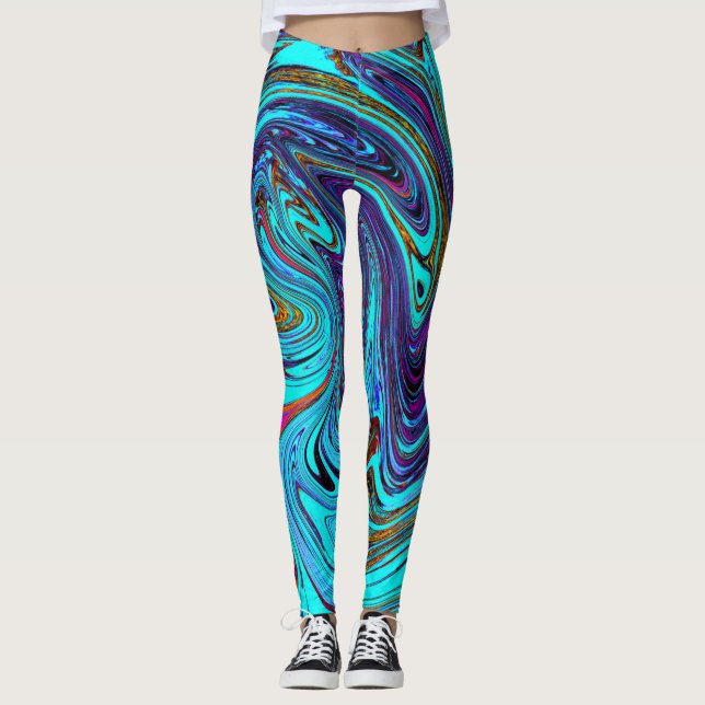 Leggings Aqua Blue and Black Groovy Resumen de arte retro (Anverso)