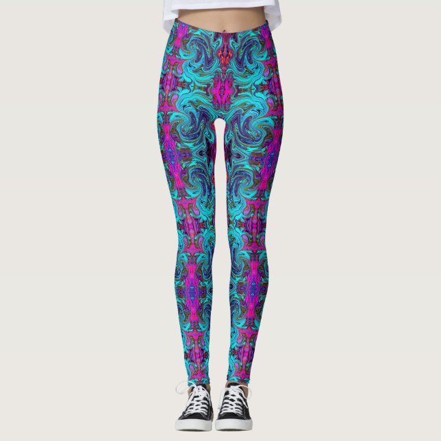 Leggings Aqua Blue and Black Groovy Resumen de arte retro (Anverso)