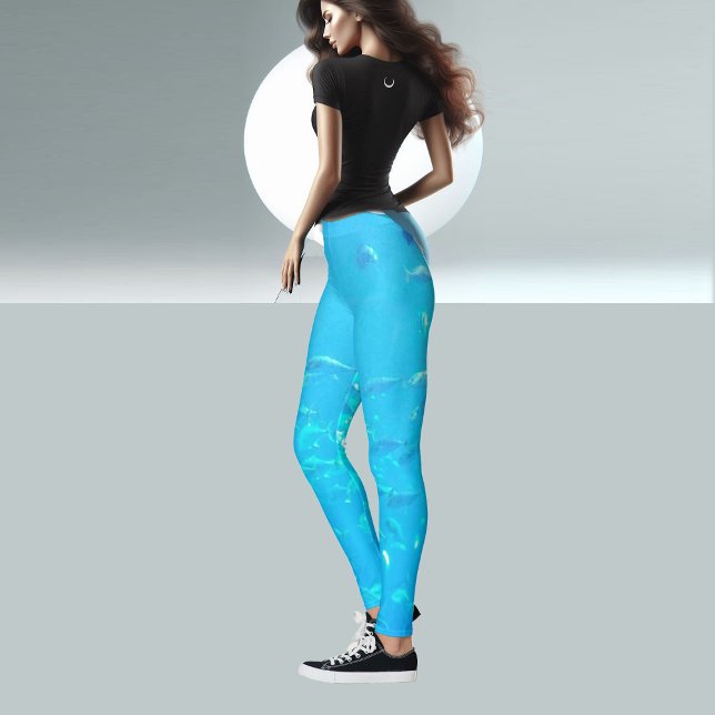 Leggings Aqua Blue School of Fish in Ocean (Aqua Blue Tropical Marine Ocean Life Workout Yoga Leggings)