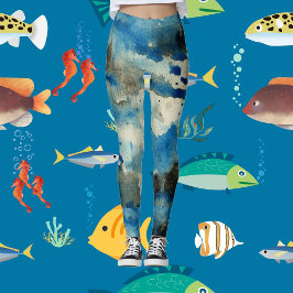 Leggings Aqua Blue Sea Resumen Arte Moda Moderna acuarela