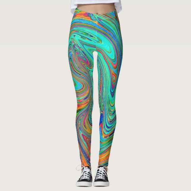 Leggings Aqua, Naranja y Green Groovy Resumen de arte retro (Anverso)