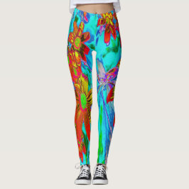 Leggings Aqua Tropical con flores amarillas y Naranjas