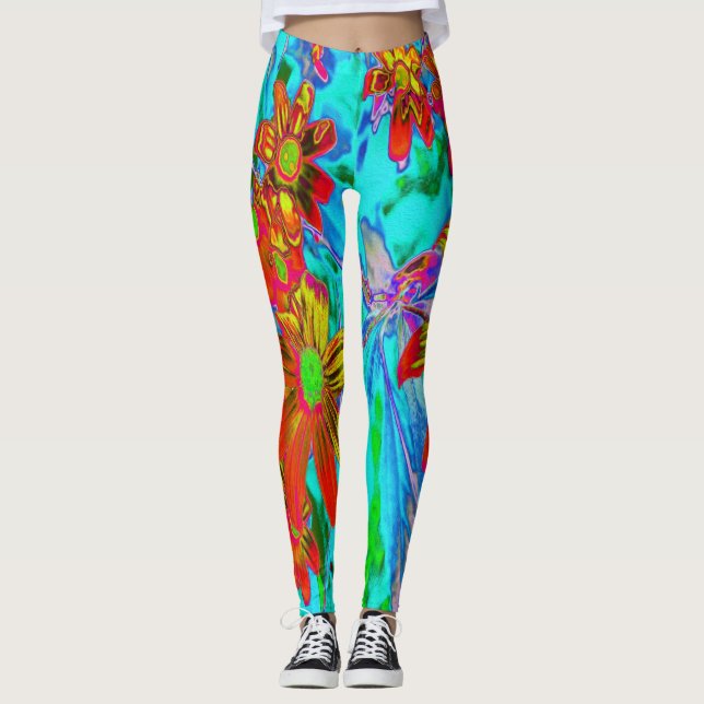 Leggings Aqua Tropical con flores amarillas y Naranjas (Anverso)