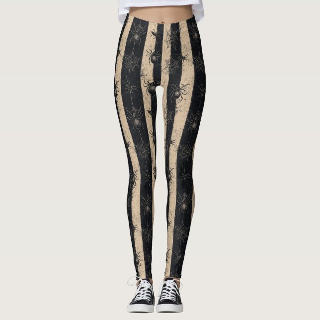 Leggings Araña gótica y patrón de Halloween con rayas web (Anverso)