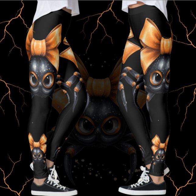 Leggings Araña negra de Halloween con arco Naranja (Cute spider with orange bow leggings for you haunted Halloween trick or treating.  Casual costumes. )