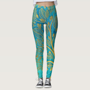 Leggings Árbol azul turquesa y oro