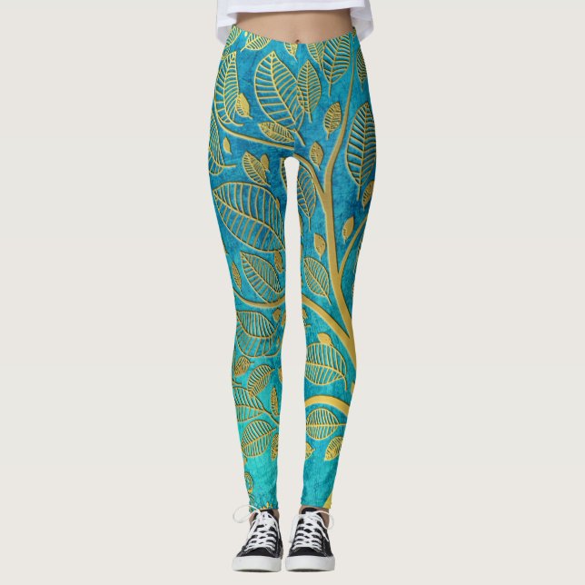 Leggings Árbol azul turquesa y oro (Anverso)