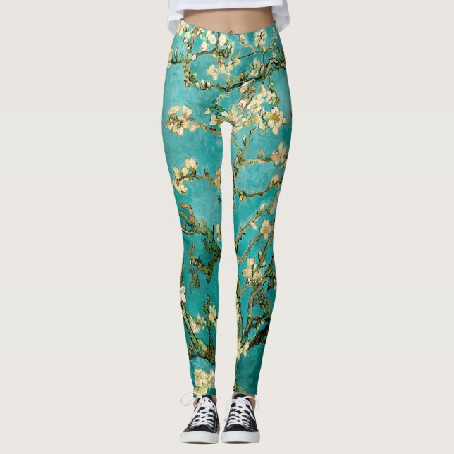 Leggings Árbol de almendra verde azul brillante Van Gogh (Anverso)