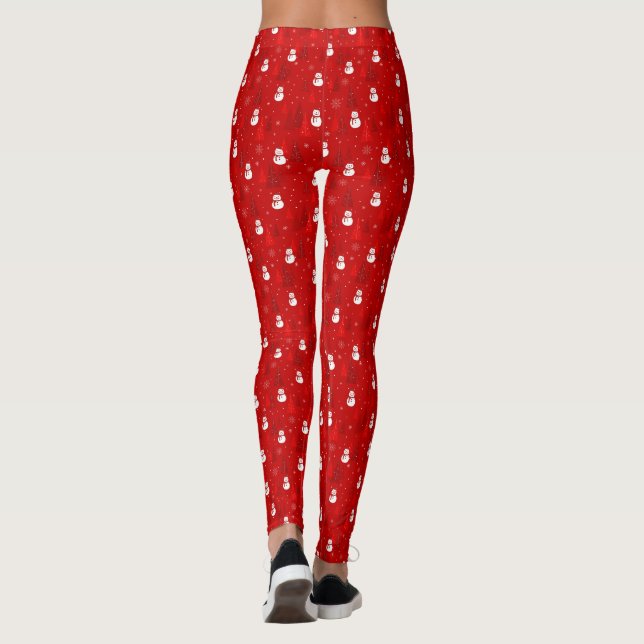 Leggings Árbol de Navidad rojo y blanco y patrón de nieve (Reverso)