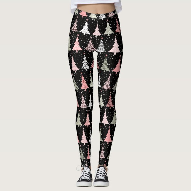 Leggings Árbol de Navidad rosa y verde con fondo negro (Anverso)