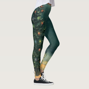 Leggings Árbol de Navidad vintage por la noche con luces y