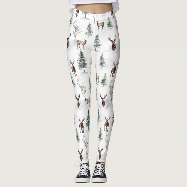 Leggings Árboles de invierno y patrones de ciervos Navidade (Anverso)