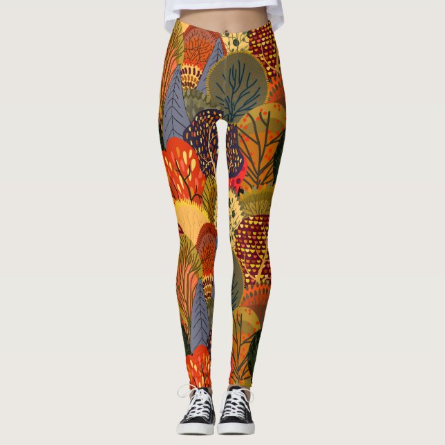 Leggings Árboles de otoño estilizados, patrones de bosques  (Anverso)