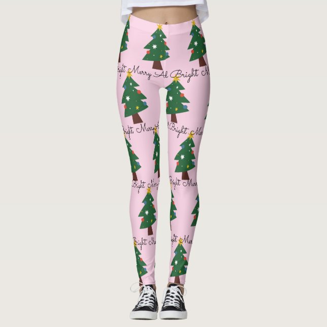 Leggings Árboles navideños fríos y brillantes en rosa (Anverso)