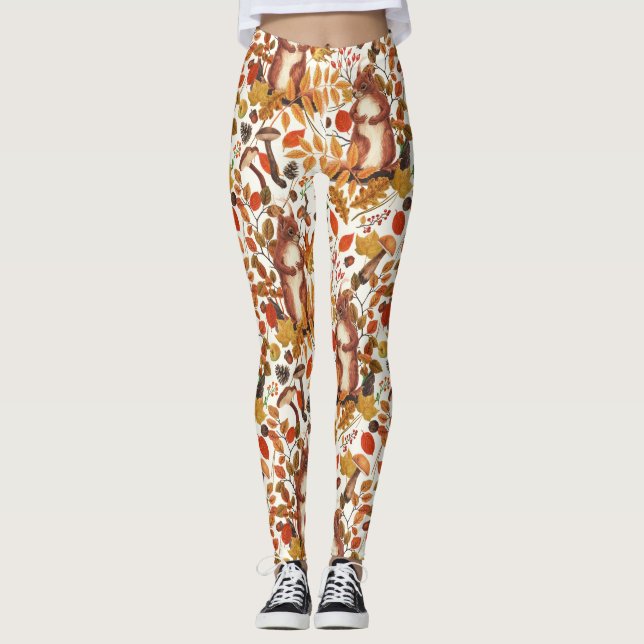 Leggings Ardillas otoñales y flora otoñal en blanco roto (Anverso)