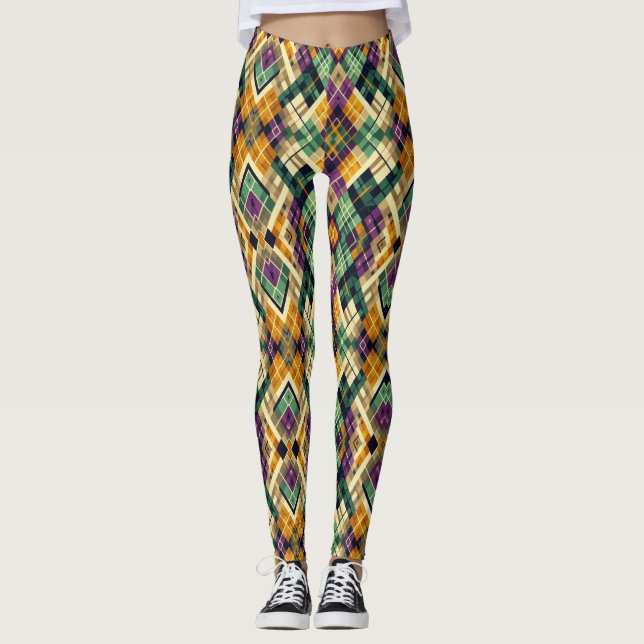 Leggings Argyle Mardi Gras verde púrpura amarillo (Anverso)