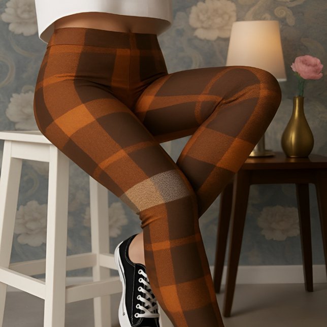 Leggings Aria Grace Autumn Hearth Cozy Plaid Pattern Fire (Pose 4 – Seated Confidence on the Stool)