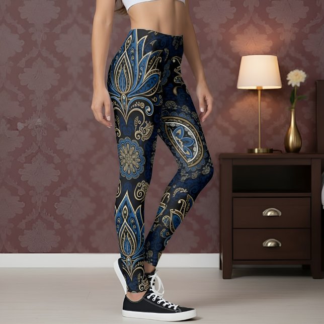 Leggings Aria Grace Cobalt Lotus Paisley Ornamental Design (Pose 2.2 – Standing Elegance in Bedroom)