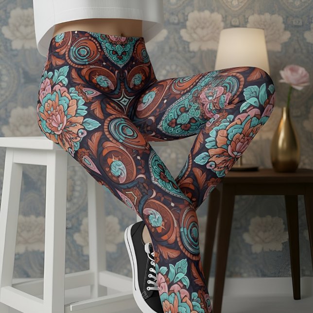 Leggings Aria Grace Radiant Paisley Peony Boho Vintage (Pose 4 – Seated Confidence on the Stool)
