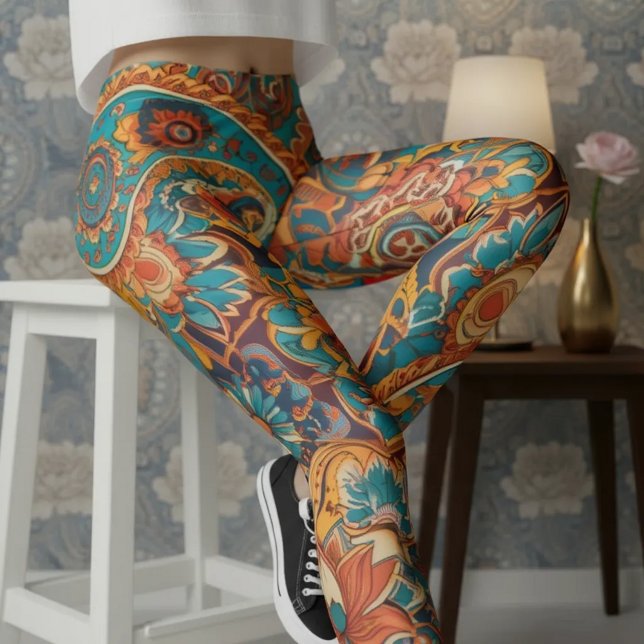 Leggings Aria Grace Vibrant Turquoise Mustard Paisley (Pose 4 – Seated Confidence on th)