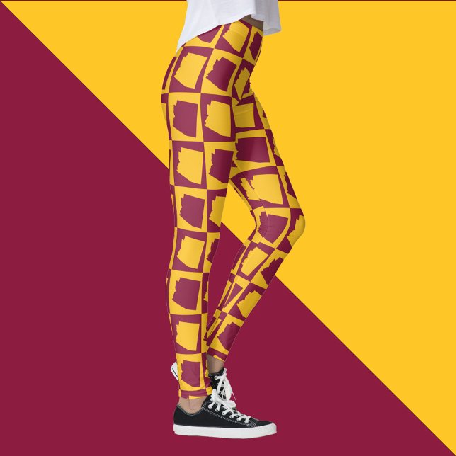 Leggings Arizona Pop Art Geometric Maroon Gold Pattern (A pair of leggings with a maroon and gold pattern featuring the US state of Arizona.)