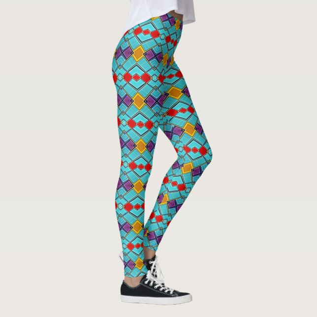Leggings Arlequín azul, rojo, ámbar - bordes geométricos (Derecha)