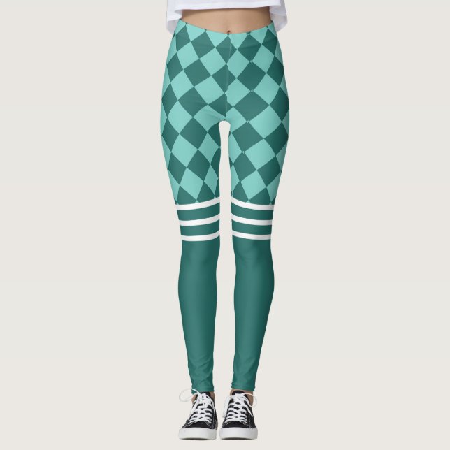 Leggings Arlequín verde y triple franja blanca (Anverso)